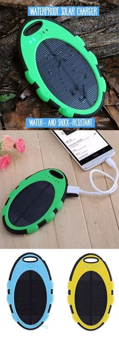 the solar powered phone charger is on display