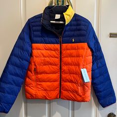 New Polo Ralph Lauren Boys Player 2 Reversible Jacket Multi Color Xl 18-20 $180 Sporty Ralph Lauren Fall Outerwear, Casual Orange Nylon Outerwear, Casual Orange Color Block Outerwear, Orange Long Sleeve Color Block Outerwear, Orange Nylon Outerwear For Fall, Sporty Orange Nylon Outerwear, Bubble Jacket, Ralph Lauren Boys, Reversible Jacket