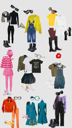 an assortment of clothing and accessories displayed on a white background