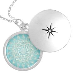 Elegant White Gold Mandala Sky Blue Design Locket Necklace, Women's, Size: Medium, Teal / Dark Slate Gray / Cadet Blue Gender: female. Age Group: adult. Pattern: floral. Material: Silver Plated. White Cherry Blossom, Gold Mandala, Jewellery Unique, Geometric Flower, Trendy Flowers, Girly Images, Geometric Triangle, Gold Dots, Light Teal