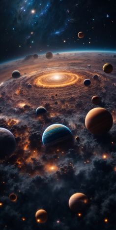 an artist's rendering of the solar system, with its planets and sun in the background