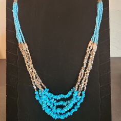 Turquoise And Silver Seed Bead Statement Necklace With Matching Earrings. Necklace Has Stainless Steel Lobster Claw Enclosure. Turquoise Dangling Beads Costume Jewelry, Turquoise Costume Jewelry With Dangling Beads, Turquoise Beaded Dangle Jewelry, Blue Multi-strand Jewelry With Dangling Beads, Light Blue Multi-strand Jewelry As Gift, Light Blue Multi-strand Jewelry Gift, Light Blue Multi-strand Jewelry For Gift, Bohemian Blue Round Bead Jewelry, Blue Bohemian Round Beaded Jewelry