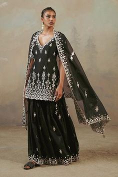 Shop for Sureena Chowdhri Black Silk Chanderi Floral Embroidered Kurta Gharara Set for Women Online at Aza Fashions Black Sharara Suit, Pakistani Sharara Suit, Black Sharara, Sureena Chowdhri, Pakistani Sharara, Georgette Sharara, Embroidered Sharara, Sharara Suit, Sharara Set