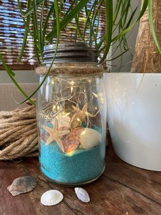 a jar filled with sand and sea shells on top of a wooden table next to a potted plant