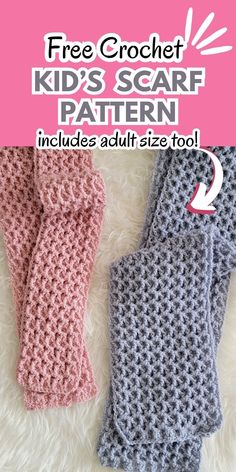 two crochet kids's scarfs with the text, free crochet kid