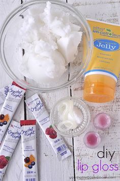 the ingredients to make an ice cream dessert are displayed on a white wooden table with text overlay