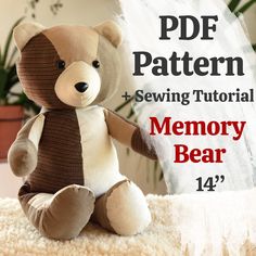 This Memory Bear sewing pattern is specially designed to make a sentimental Keepsake Bear that holds a special place in your heart. With this easy to follow PDF bear sewing pattern you can craft a touching memorial bear, capturing the essence of your beloved memories. INSTANT DOWNLOAD PATTERN for a memory bear. Includes BONUS pattern for teddy bear pants and instructions how to use safety eyes! You receive immediately: - NEW and IMPROVED PDF memory bear sewing instructions with plenty of clear photos - Memory bear pattern with all lines remade so it's easier to follow - Original instructions - Pants sewing pattern and detailed instructions - Easy to read step-by-step directions how to attach safety eyes ⁕ Your finished bear will be 18 inches (46 cm) from top of head to toe; 13 inches (33 c Memorial Teddy Bear From Shirts Patterns, Patchwork Teddy Bear Pattern, Memory Keepsakes From Clothing, Memory Bears Pattern Free Printable, Diy Teddy Bear Pattern, Simple Teddy Bear Pattern, Bear Patterns Free Sewing, Teddy Bear Pants, Memory Bears Pattern Free