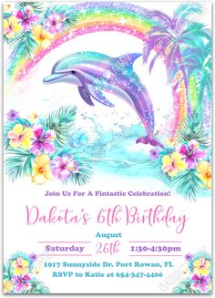 a dolphin birthday party with tropical flowers and palm trees