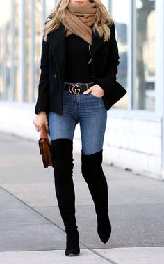 Cómo Combinar unas Botas Altas —[10 Looks] Brooklyn Blonde, Over The Knee Boot Outfit, Knee Boots Outfit, Outfit Jeans, Casual Winter Outfits, Winter Outfits Women