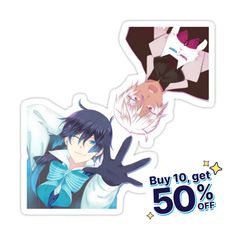 two anime characters are shown with the price tag for 50 % off on this sticker