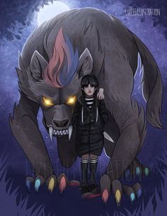 a person standing in front of a large animal with glowing eyes and an evil look on their face