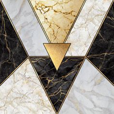 an art deco marble pattern with gold and black triangles in the center on a white background