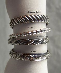 Or visit our new store :http://www.OurEarthStudio.etsy.comIn this listing you may choose one of four stacking rings.These are all made of solid 925 sterling silver.You get to choose one from:1. Diagonal Stripe / 4 mm wide2. Dot ( only in polished bright )1.5 mm wide3. Infinity Twist / 2 mm wide4. Fern / 4 mm wideThese are all polished bright, if you would prefer Oxidized please send a note to me upon payment.Please message me if you have a rush order and I will make it for you ASAP!Thank you! Sterling Silver Stacking Rings, Soldering Jewelry, Silver Stacking Rings, Ring Stacking, 925 Ring, Delicate Rings, Oxidized Sterling Silver, Sterling Silver Bands, Stacking Ring