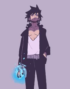 an anime character wearing a mask and holding a handbag in his right hand, while standing against a purple background