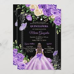 purple and white roses are on the black background for this quinceauera themed birthday party