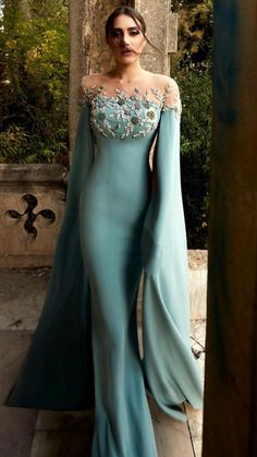 Timeless Evening Gown, Balloon Gown, Narnia Dresses, Mnm Couture, Formal Dresses With Sleeves, Cape Style, Embellished Gown, Illusion Neckline