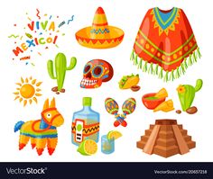 mexican icons set with sombrero, cactus, tequila bottle and other items on white background