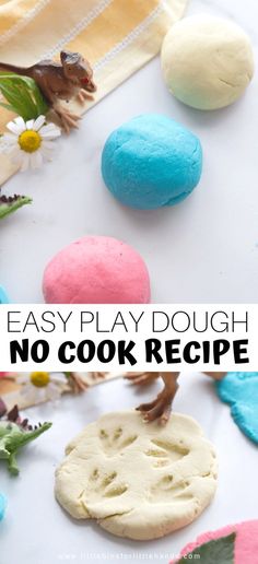 colorful play doughs are being made with the words easy play dough no cook recipe