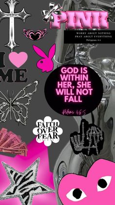 a collage of pink and black items on a gray background with the words, god is watching her she will not fall