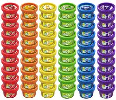 many different colored plastic cups are lined up