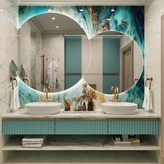 a bathroom with two sinks and a large mirror in the wall above it that is decorated with blue marble