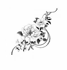 a black and white drawing of flowers with swirls on the bottom half of it