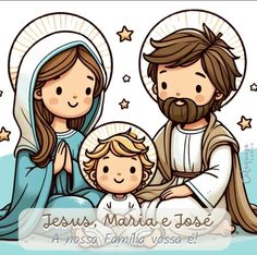 jesus, mary and baby jesus sitting on the ground with stars in the sky behind them