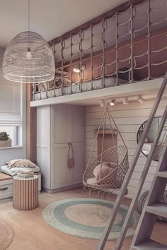 a loft bed with hammock hanging from the ceiling