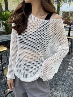 #outfitsideas #outfitsfashion #promoutfits #outfitsdesign White Crochet Mesh Top, White Long Sleeve Crochet Knit Top, White Long Sleeve Crochet Top With Open Knit, Oversized Crochet Long Sleeve Tops, Crochet Mesh Cropped Sweater, P S, Stuffed Animals, Pretty Outfits