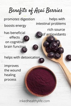 a wooden spoon filled with blueberries next to a bowl of berries and the words benefits of acai berries