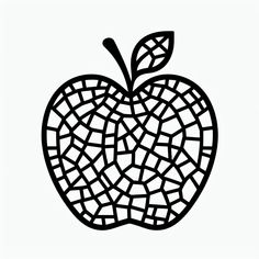 an apple made out of small pieces of black and white mosaic paper with a leaf on top