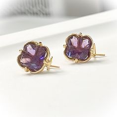 Beautiful Yellow Gold Tone Amethyst Earrings Hello Kitty Earrings, Skeleton Earrings, Pink Gem, Turquoise Heart, Cz Stud Earrings, Triangle Earrings, Amethyst Earrings, Earring Patterns, Silver Rhinestone