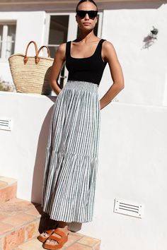 Shirred Skirt - Moss Stripe - Emerson Fry Striped Maxi Skirt Outfit, Shirred Skirt, Emerson Fry, Europe Outfits, Maxi Skirt Outfits, Striped Maxi Skirts, Striped Midi Skirt, Diy Skirt, Tiered Maxi Skirt