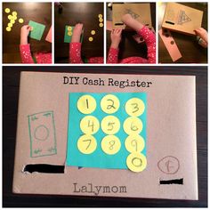 collage of photos showing how to make a diy cash register with paper and scissors