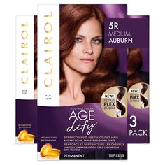 PRICES MAY VARY. Clairol Age Defy, 5R Medium Auburn, Permanent Hair Color, 1 Kit Our most advanced coverage for stubborn grays Innovative Tri-Plax Formula helps protect hair structure and reduce hair breakage Our most advanced coverage for stubborn grays Our exclusive pre-treatment helps smooth unruly grays Includes antioxidant-infused CC+ Color Seal Conditioning Therapy 100% gray coverage Medium Golden Brown Hair Color, Bleach Shampoo, Medium Auburn Hair Color, Medium Auburn Hair, Auburn Hair Color, Black Hair Shampoo, Golden Brown Hair Color, Hair Dye Shampoo, Golden Brown Hair