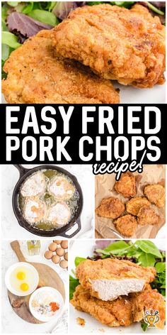 easy fried pork chops recipe collage with images and text overlay that reads easy fried pork chops recipe