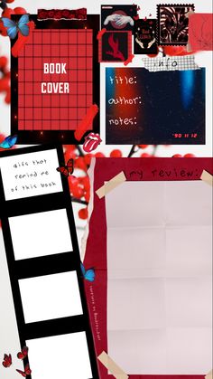 a collage of photos and text with red, black, and white paper on it