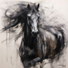 a black and white painting of a horse with its hair blowing in the wind by itself