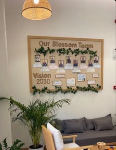 a living room filled with furniture and a large family tree on the wall above it