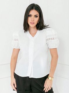 Branco  Collar     Embellished Elegant Lace Top Button-up Blouse, Casual Button-up Top With Lace Collar, Classic Button-up Top With Lace Collar, Fitted Lace Collar Button-up Blouse, Casual Button-up Blouse With Lace Trim, Simple Top, Womens Tees, Blouses For Women, Collar