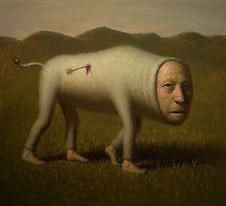 a painting of a man walking in the grass with a large animal on it's back