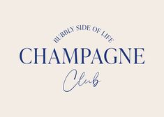 the logo for champagne club, with blue writing on it and an image of a white background