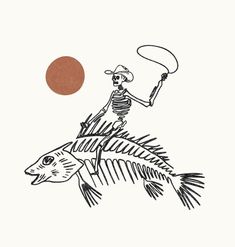 a skeleton riding on the back of a fish