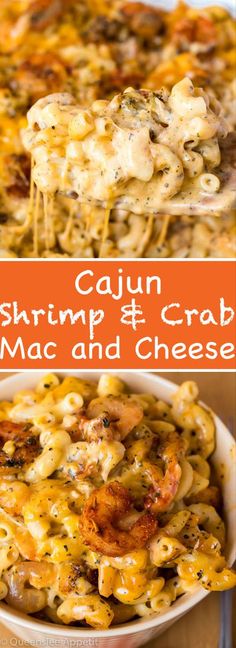 cajun shrimp and crab macaroni and cheese casserole with text overlay