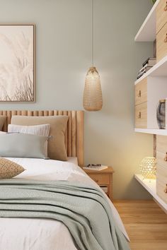 a bed sitting in a bedroom next to a wooden dresser and shelf filled with books