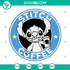 stitch coffee sticker with an image of a cartoon character holding a cup in one hand and