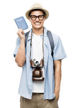 a man with glasses and a camera holding a passport