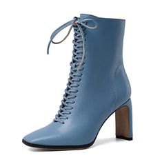 Blue Lace-up Boots With Reinforced Heel, Blue High Ankle Heels For Fall, Blue Leather Heels For Winter, Blue Winter Boots With Reinforced Heel, Blue Leather Lace-up Boots, Blue Round Toe Heels For Winter, Blue Leather Lace-up Heels, Light Blue Pointed Toe Boots For Fall, Light Blue Round Toe Boots For Fall