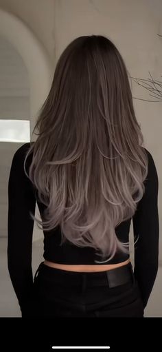 Grey Tips Hair, Brown Hair Grey Blending, Balayage Hair Ash Brown, Layered Balayage Hair, Hair Color Ideas 2024, Hair Dye Balayage, Long Hair With Bangs And Layers, Balayage Dark Brown