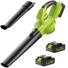 the green and black cordless blower is next to two batteries